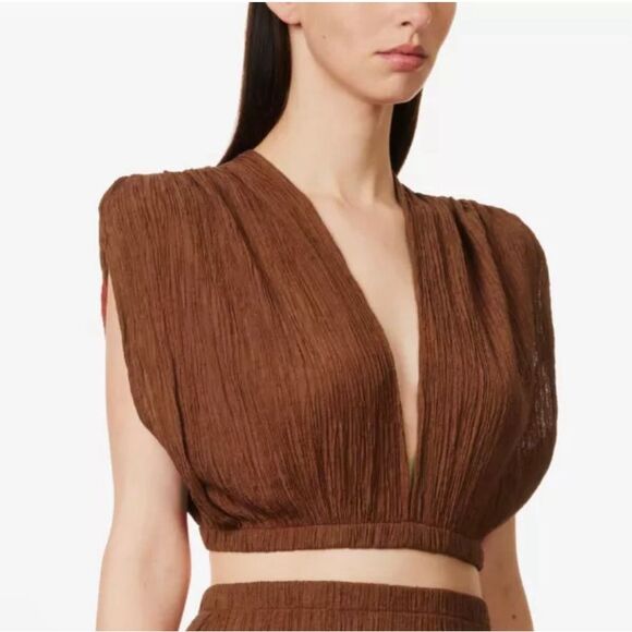 Savannah Morrow XS Kamala Crop Top Crinkled Silk Blend Deep V Neck Paprika Brown - Picture 1 of 8
